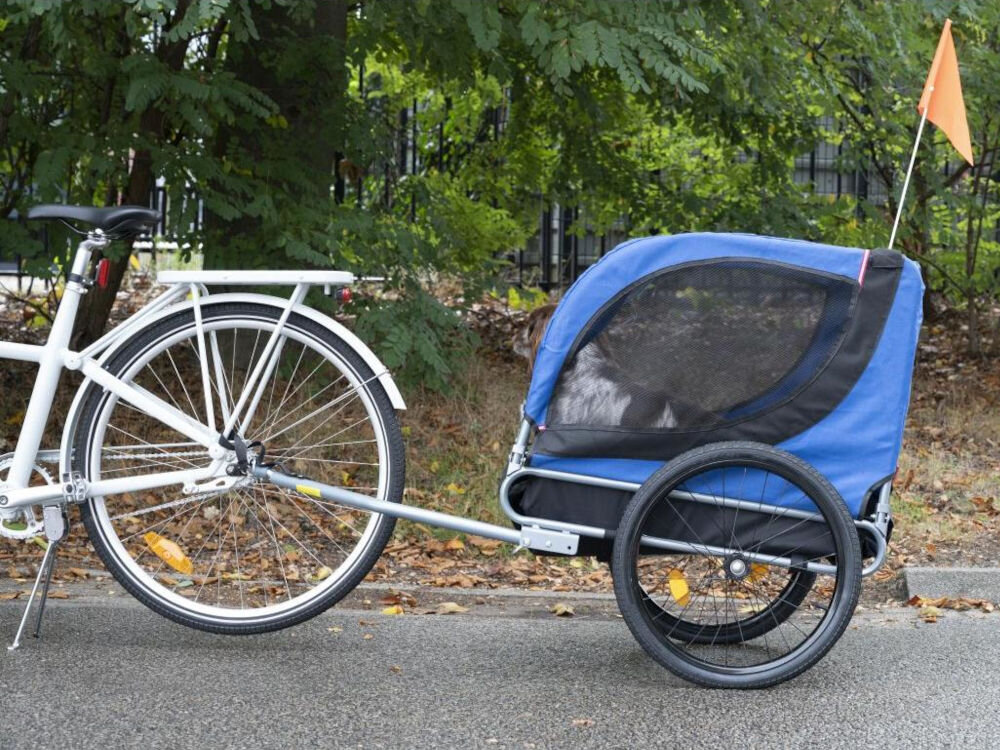 Przyczepka rowerowa BICYCLE GEAR Doggyride dla Zwierząt Niebiesko-czarny duże wnętrze siatkowe okna