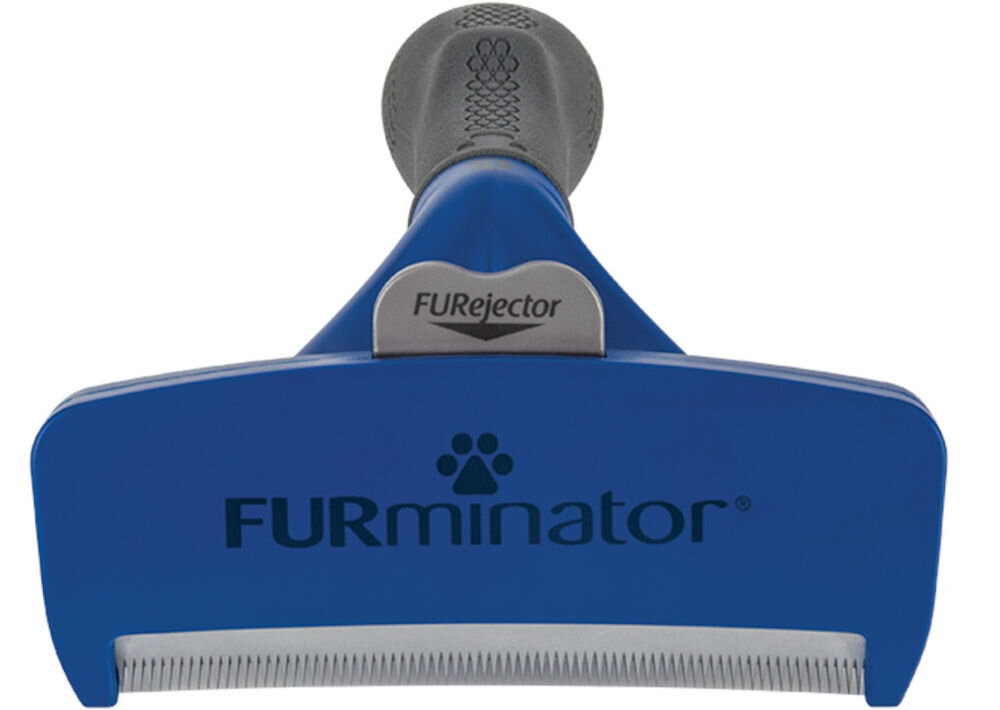 Szczotka FURMINATOR FUR151203 Czarno-niebieski szczotka leży przodem ostrze przycisk niebieska czarna rączka białe tło krawędzie wykonane ze stali nierdzewnej bezpieczne usunięcie luźnego podszerstka technologia Skin Guard pozwala ślizgać się po skórze psa ergonomiczny uchwyt komfort użytkowania staranne wyprofilowanie dopasowuje się do kształtu ciała zwierzaka precyzyjne czesanie w każdym miejscu