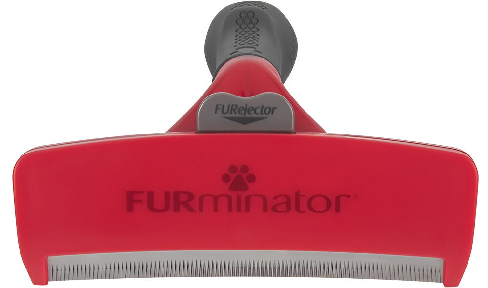 Szczotka FURMINATOR FUR151234 Czarno-czerwony  szczotka lezy przodem czerwona głowica czarny uchwyt ostrze przycisk białe tło optymalne efekty 1-2 razy w tygodniu przez 10-20 minut na suchej sierści od głowy z włosem krótkie, lekkie ruchy wciśnij przycisk FURejector oczyszczenie ostrzy z zebranych włosów zabezpieczenie narzędzia przesunięcie przycisku w dół  waży 0,218 kg skuteczność wygoda