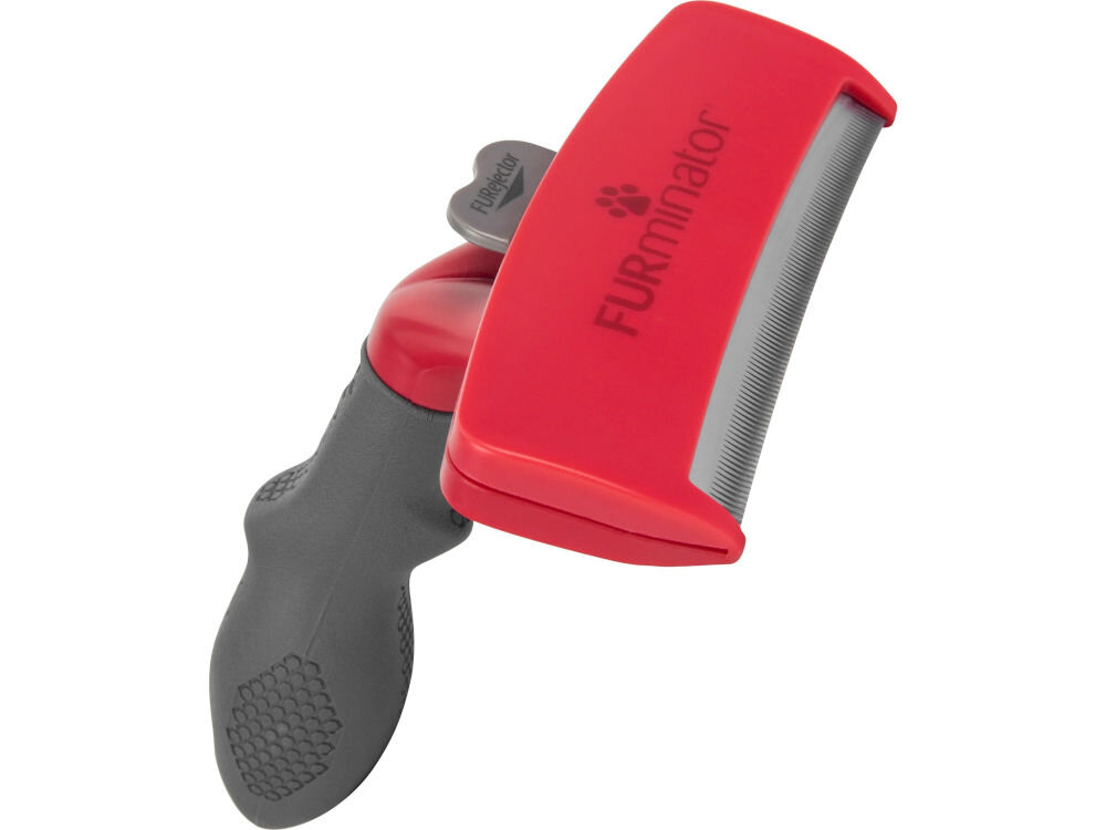 Szczotka FURMINATOR FUR151470 Czarno-czerwony dla pupila szczotka leżąca bokiem czerwona głowica czarna rączka przycisk ostrze białe tło 