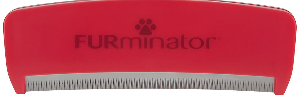 Szczotka FURMINATOR FUR151470 Czarno-czerwony szczotka leżąca przodem czerwona głowica czarna rączka przycisk ostrze białe tło krawędzie wykonane ze stali nierdzewnej bezpieczne usunięcie luźnego podszerstka technologia Skin Guard pozwala ślizgać się po skórze psa ergonomiczny uchwyt komfort użytkowania staranne wyprofilowanie dopasowuje się do kształtu ciała zwierzaka precyzyjne czesanie w każdym miejscu 