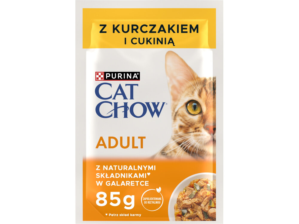 Karma dla kota CAT CHOW Adult Kurczak z cukinią 10 x 85 g saszetka na białym tle pełnoporcjowa karma dla dorosłych kotów wysokiej jakości białko naturalne składniki zbilansowana receptura wartość energetyczna 850 kcal/kg