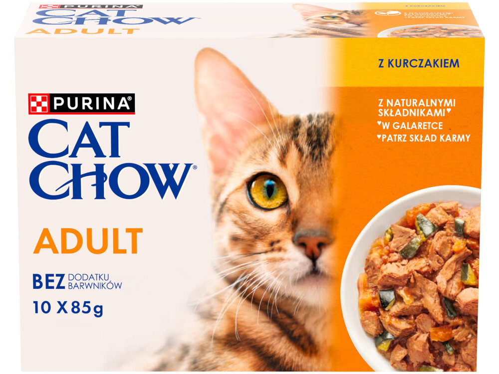 Karma dla kota CAT CHOW Adult Kurczak z cukinią 10 x 85 g opakowanie na białym tle