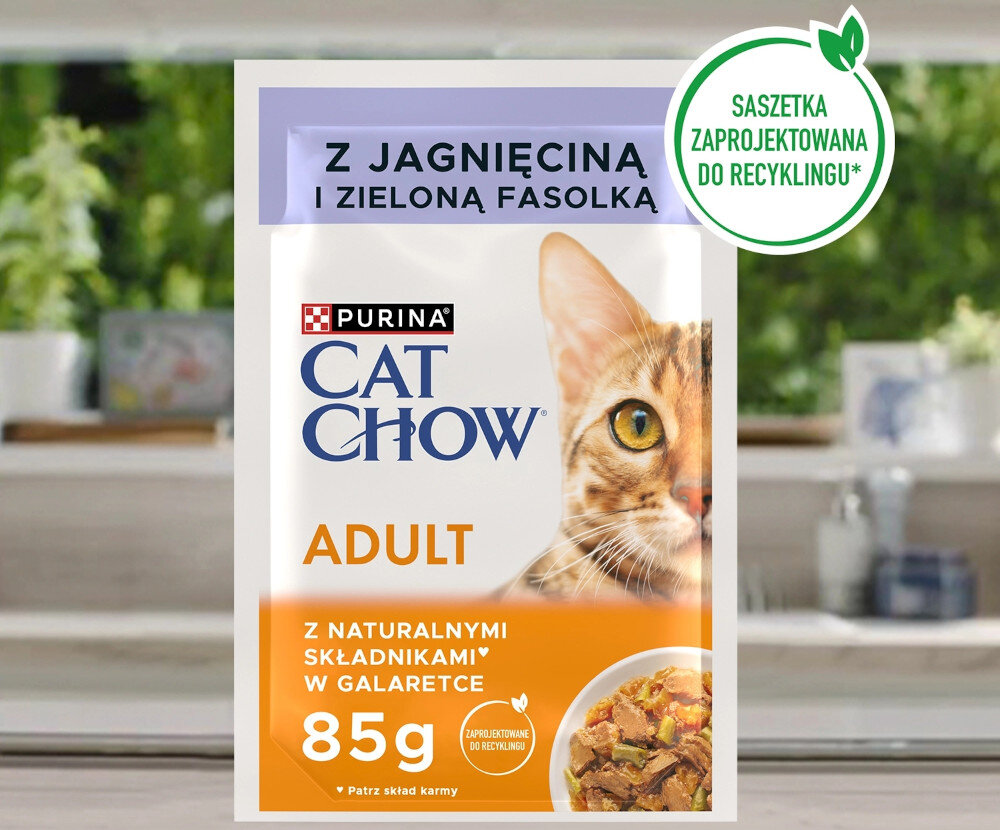 Karma dla kota CAT CHOW Adult Jagnięcina z zieloną fasolką 10 x 85 g saszetka na tle dla kotów dla dorosłych kotów pełna porcja