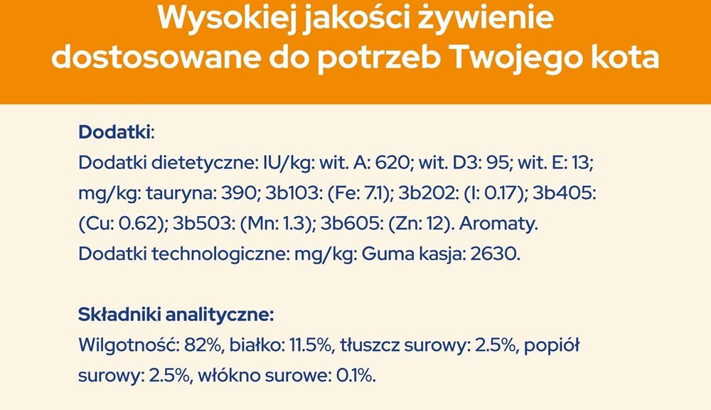 Karma dla kota CAT CHOW Adult Jagnięcina z zieloną fasolką 10 x 85 g jasne tło z wypisanymi składnikami składniki analityczne dodatki dietetyczne dodatki technologiczne