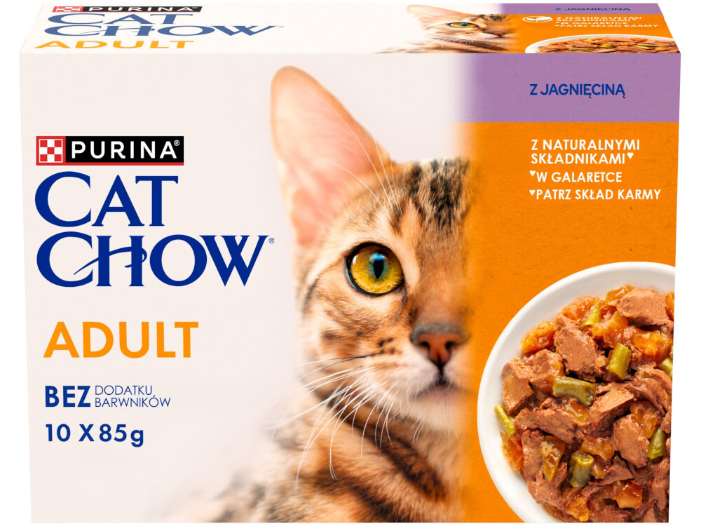 Karma dla kota CAT CHOW Adult Jagnięcina z zieloną fasolką 10 x 85 g opakowanie na białym tle