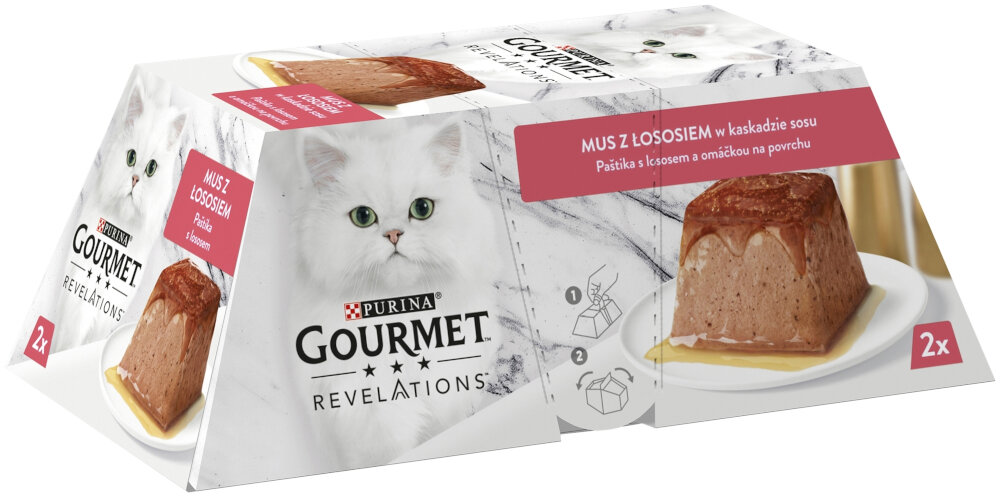 Karma dla kota GOURMET Revelations Łosoś (2 x 57 g) GOURMET Revelations z Łososiem pełnoporcjowa mokra karma dla dorosłych kotów delikatną, puszystą konsystencję musu apetycznie spływającym sosem ze składnikami wysokiej jakości