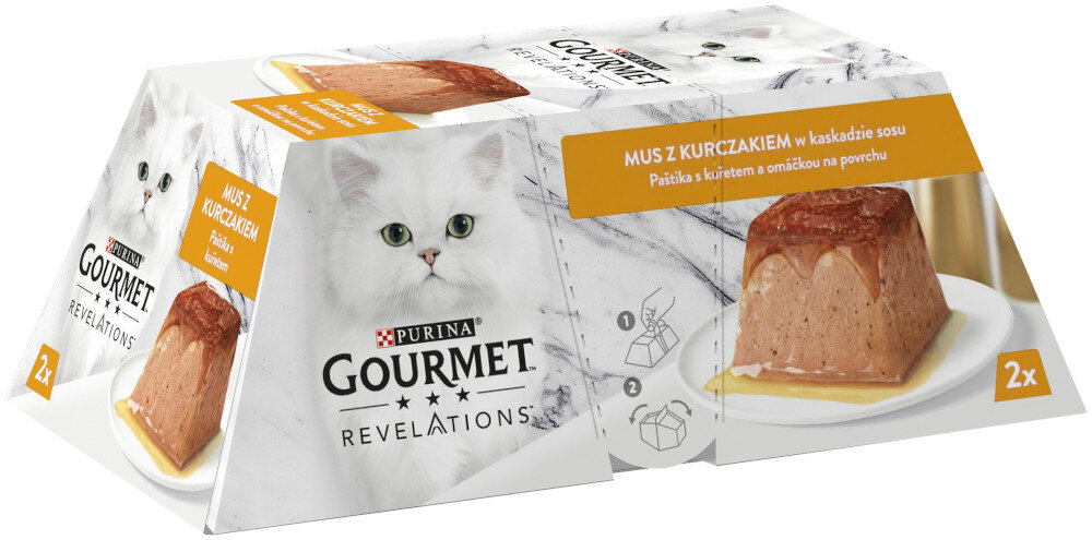 Karma dla kota GOURMET Revelations Kurczak (2 x 57 g) GOURMET Revelations z kurczakiem pełnoporcjowa mokra karma dla dorosłych kotów delikatną, puszystą konsystencję musu apetycznie spływającym sosem ze składnikami wysokiej jakości