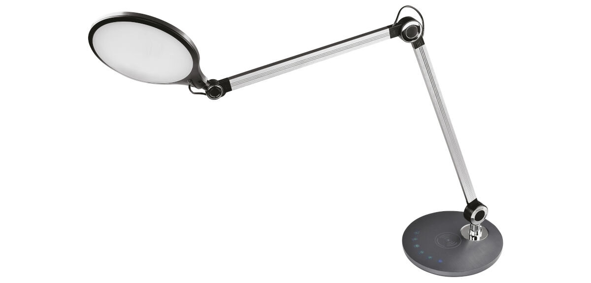 Lampa biurkowa EMOS Karen Z7615, równomiernie, wzrok, ściemnianie, dopasowanie, na białym tle powyginana lampka w różnych kierunkach