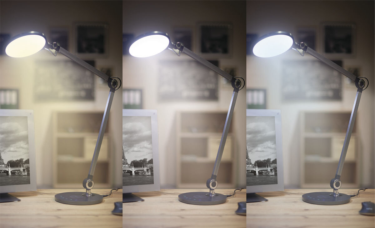 Lampa biurkowa EMOS Karen Z7615, tryby, barwy, ciepło, biel, zimno, 3 zdjęcia w 1 przedstawiające barwy lampki