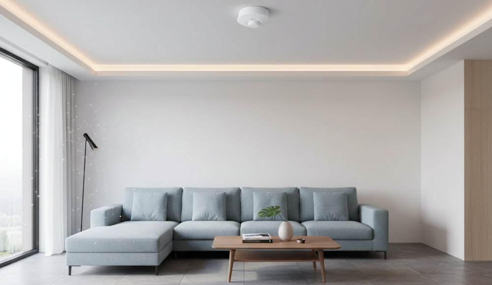 EMOS G1180 - czujnik umieszczony na suficie w salonie, widoczna kanapa i okna