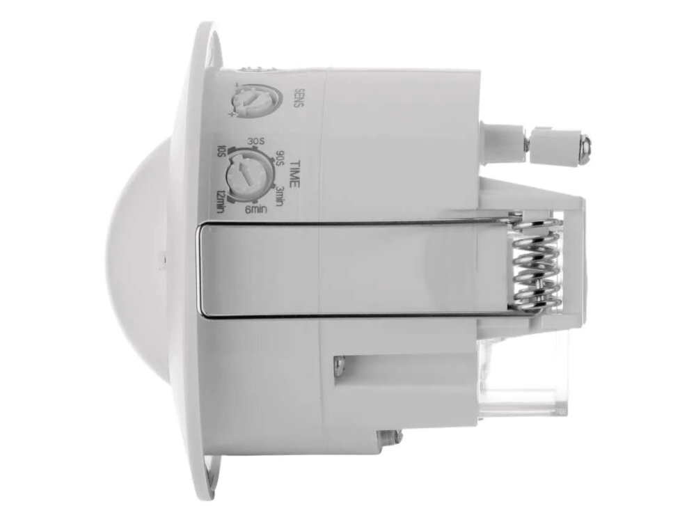 EMOS G1190 MW kąt detekcji 360° bez tzw. martwych stref 8 metrów mniejszych, jak i średnich wnętrzach Czas świecenia min. 10 sekund – maks. 12 minut - czujnik na białym tle z od boku na płasko