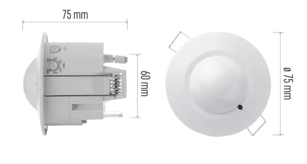 EMOS G1190 MW EMOS G1190 MW trwałych materiałów stopień ochrony IP44 napięciu 230 V / 50 Hz obciążenie rezystancyjne do 1200 W pojemnościowe do 300 W - czujnik na białym tle z wymiarami