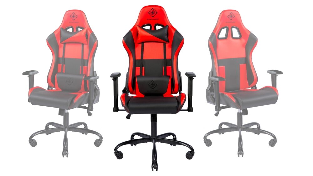 Fotel DELTACO DC210R Czarno-czerwony Komfort wygoda regulacja podłokietniki poduszki sesje wielogodzinne kółka obciążenie mechanizm