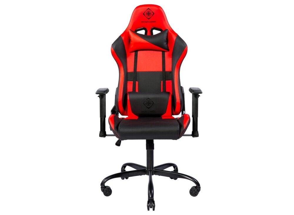 Fotel DELTACO DC210R Czarno-czerwony Komfort wygoda regulacja podłokietniki poduszki sesje wielogodzinne kółka obciążenie mechanizm