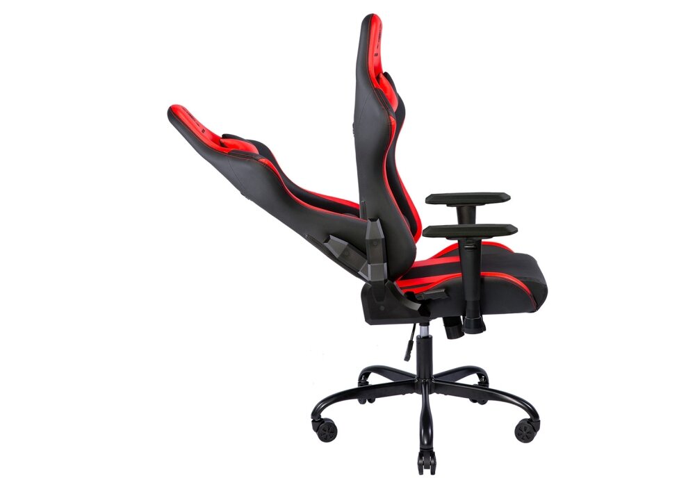 Fotel DELTACO DC210R Czarno-czerwony Komfort wygoda regulacja podłokietniki poduszki sesje wielogodzinne kółka obciążenie mechanizm