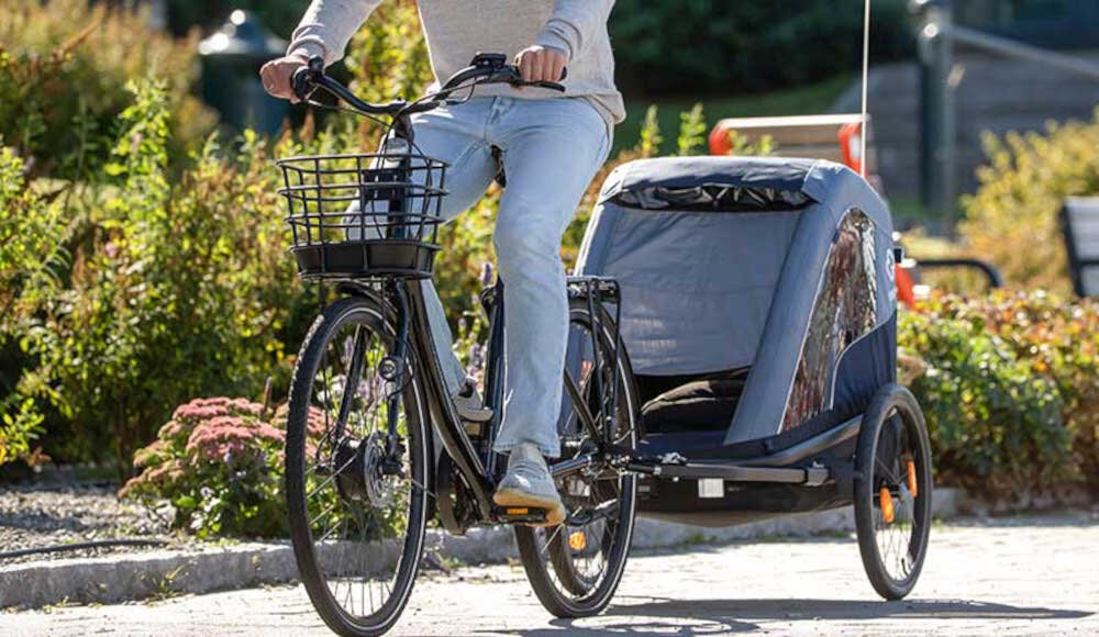 Przyczepka rowerowa HAMAX Avenida Twin Niebieski rower biegowy zestaw narciarski akcesoria wielofunkcyjny produkt bezpieczny punkt polaczenia zielone i czerwone pole