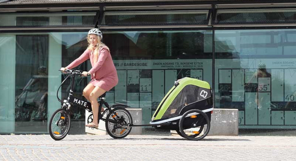 Przyczepka rowerowa HAMAX Avenida Twin Niebieski 20-calowe kola system szybkiego sciagania po nacisnieciu guzika plynna jazda latwe manewrowanie regulowane zawieszenie sprezynowa amortyzacja wysoki komfort podrozowania certyfikaty EN15918 ASTM F195