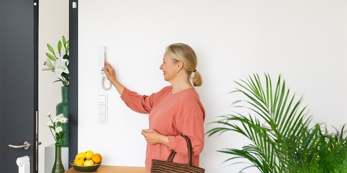 Czujnik otwarcia drzwi NUKI Door Sensor Bluetooth, drzwi, bezpieczeństwo, ochrona, schronienie, kobieta na zdjęciu obsługuje czujnik otwarcia