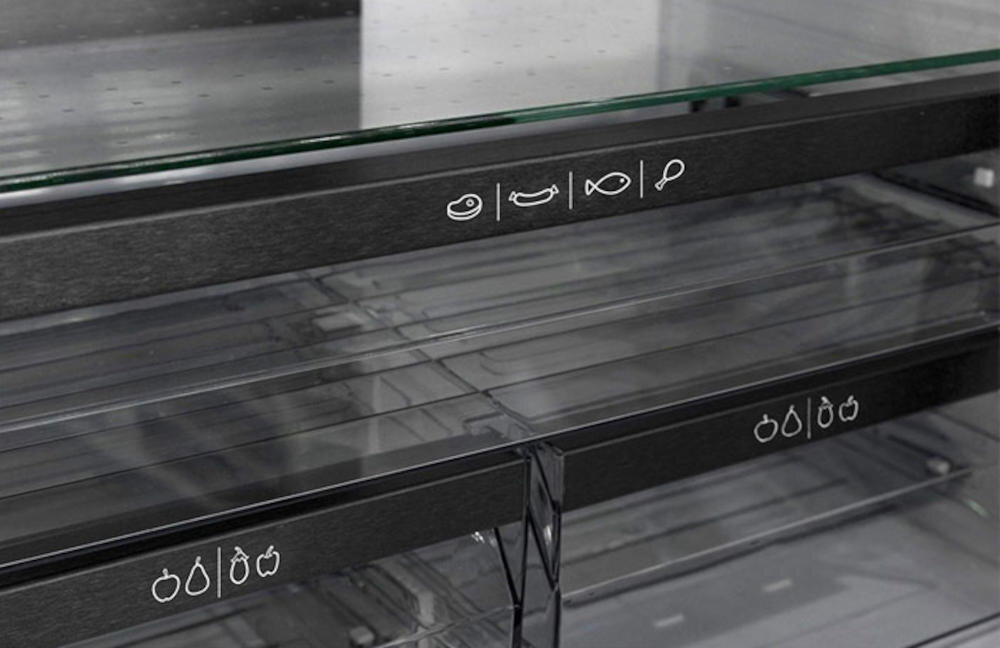 SHARP SJFF-560EVBEU półki lodówka szuflady żywność strefa zero przechowywanie świeże mięso ryby dłuższy czas