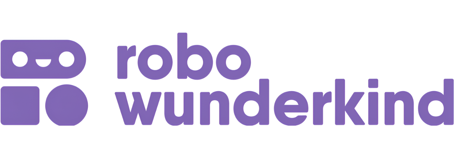 Logo przedstawia fioletowy napis \'robo wunderkind\' oraz symbol składający się z dwóch prostokątów i dwóch kółek.