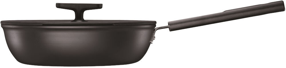 Patelnia FISKARS Hard Face 1052232 28 cm białe tło czarna patelnia stoi bokiem rączka pokrywka Uchwyt z trwałego i wysokiej jakości tworzywa sztucznego komfort użytkowania  ergonomiczny kształt pewny stabilny chwyt maksymalne bezpieczeństwo wygoda pracy możliwość używania jej w piekarniku (do 150°C) wszechstronna do smażenia zapiekania potraw 