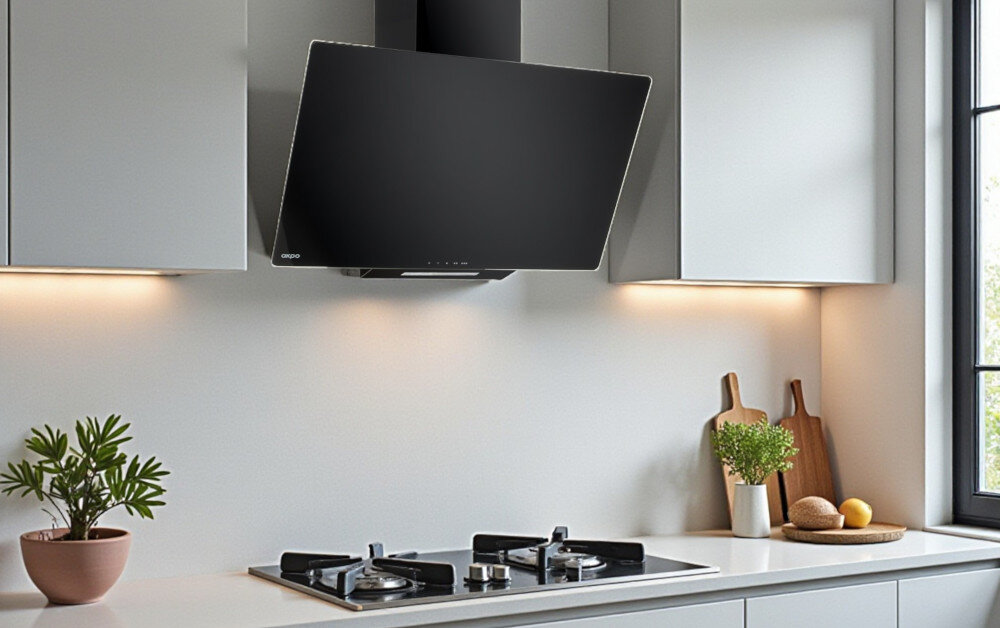 OKAP AKPO WK-4 Smart 60 Na zdjęciu 22.jpg widać jasną kuchnię z czarnym, szklanym okapem skośnym zamontowanym nad gazową płytą grzejną z czterema palnikami. Blat zdobi doniczka z rośliną oraz deski do krojenia i owoce, co podkreśla minimalistyczny, elegancki wystrój wnętrza