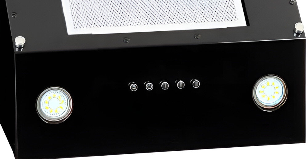 OKAP AKPO WK-4 Smart 60 Widzimy fragment czarnego okapu z widocznym wąskim wlotem powietrza oraz czterema przyciskami sterowania. Dolna płyta zasłaniająca mechanizm delikatnie odstaje, tworząc dyskretną linię podziału turbina wysoka wydajność soft-touch gesty sterowanie panel