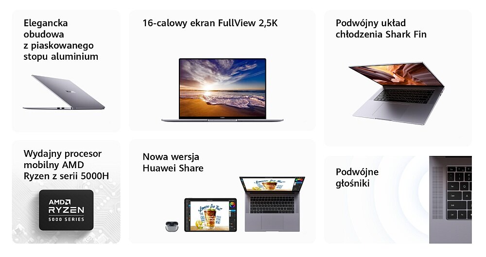 Laptop HUAWEI MateBook 16 ekran bateria procesor wydajność chłodzenie klawiatura rozdzielczość pojemność porty funkcje pamięć