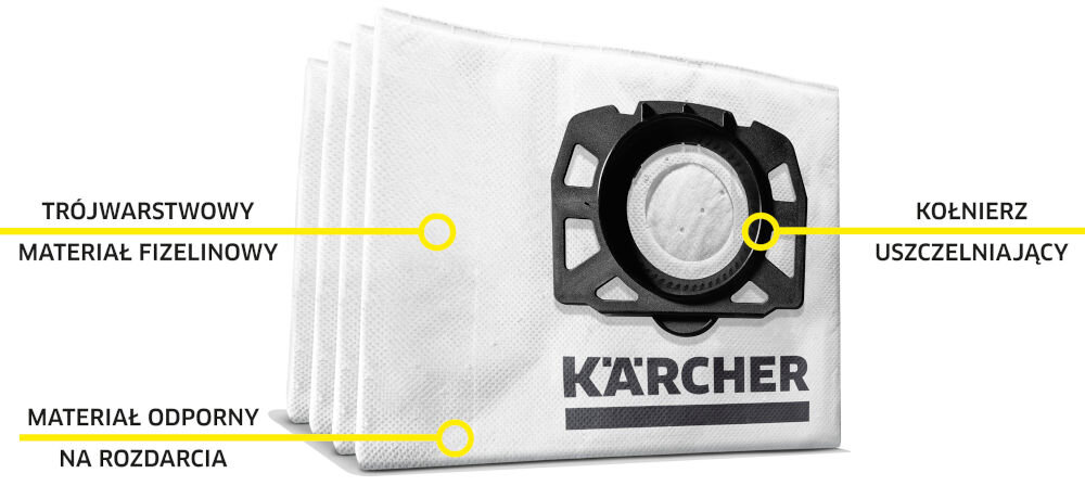 Worek do odkurzacza KARCHER 2.863-314.0 (4 sztuki) odporność na rozdarcia filtracja pyłków grube zanieczyszenia wilgotne zanieczyszczenia