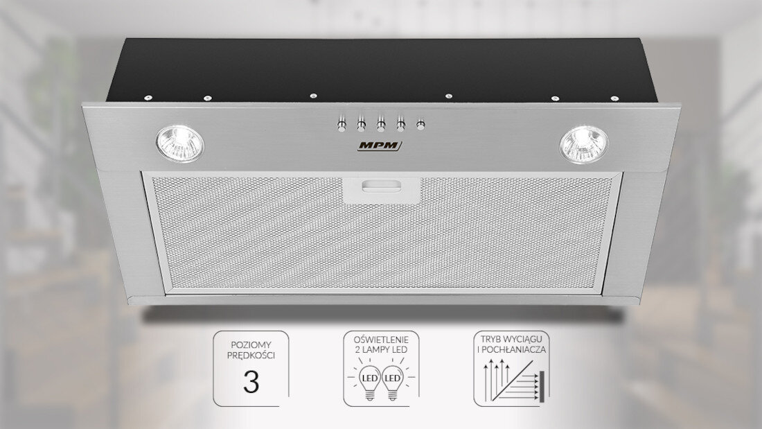 Okap MPM 61-OW-01 klasa energetyczna C 3-stopniowy zakres predkosci pracy manualne sterowanie dwie lampy LED moc 3W