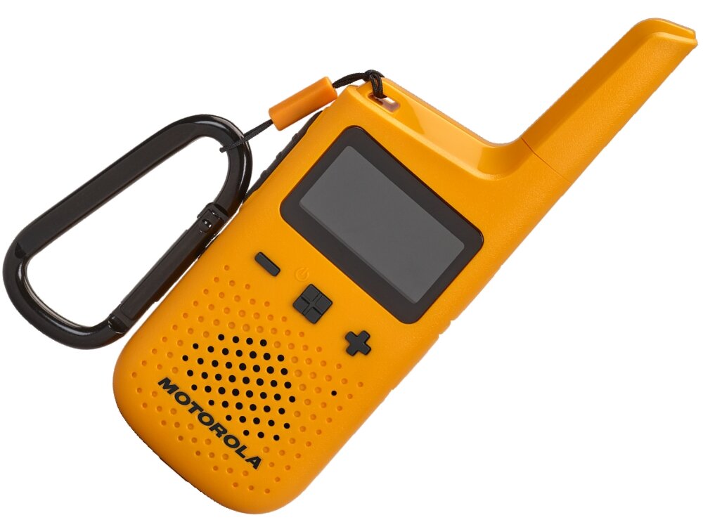 Radiotelefon MOTOROLA Talkabout T72
            na białym tle z karabińczykiem dystans do 8km pasmo pmr446 16 kanałów zabezpieczenie prywatności funkcja vox bez używania rąk