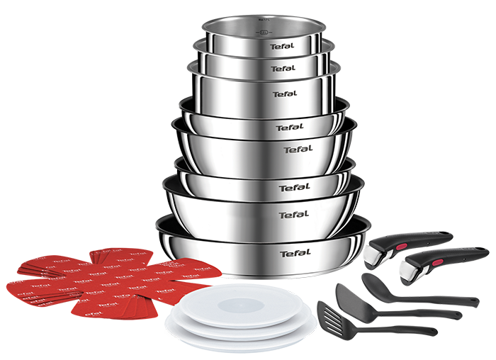Na obrazie widoczny jest zestaw metalowych naczyń kuchennych z logo \'Tefal\', w tym garnki, pokrywki, uchwyty oraz akcesoria kuchenne. Elementy są ułożone w stos, a obok znajdują się czerwone podkładki ochronne.