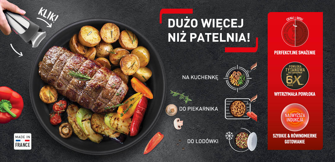 Patelnia TEFAL Ingenio Unlimited L8584074 z mięsem i warzywami. Obok dłoń trzymająca odpinaną&nbsp;rączkę i ikony funkcji patelni.