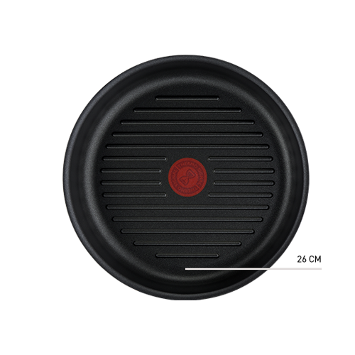 Czarna patelnia grillowa z rowkami i czerwonym okrągłym elementem na środku.