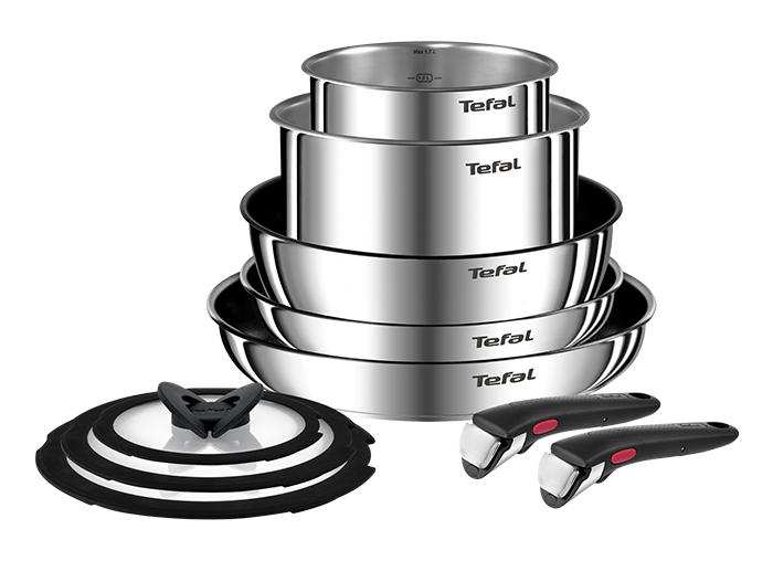 Garnki TEFAL Ingenio Emotion ułożone jeden na drugim. Obok odpinane uchwyty i pokrywki.