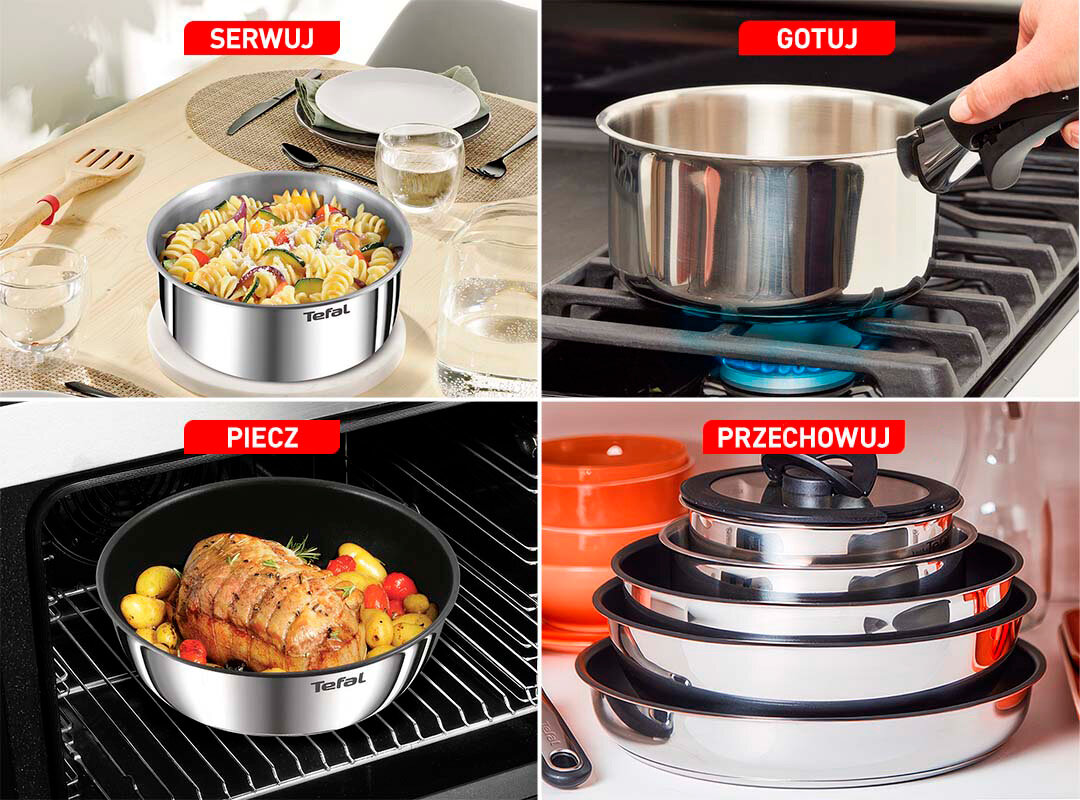 Obraz przedstawia cztery sceny z użyciem zestawu patelni TEFAL Ingenio Emotion. Każda scena pokazuje różne zastosowanie: serwowanie, gotowanie, pieczenie i przechowywanie, z widocznym logo Tefal na naczyniach.