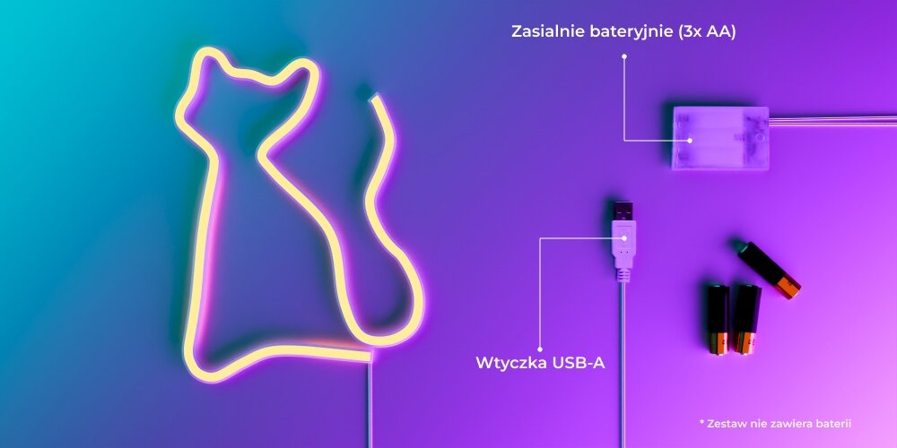 Neon LED FOREVER LIGHT Kot RTV100209 zasilanie baterie kabel przewód USB-A bezprzewodwoe przewodowe