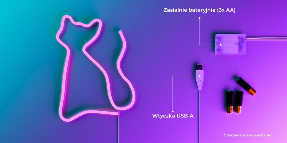 Neon LED FOREVER LIGHT Kot RTV100210 zasilanie baterie kabel przewód USB-A bezprzewodwoe przewodowe