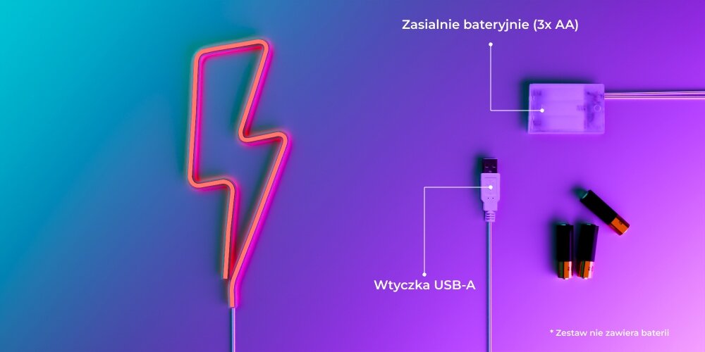 Neon LED FOREVER LIGHT Piorun RTV100213 zasilanie baterie kabel przewód USB-A bezprzewodwoe przewodowe