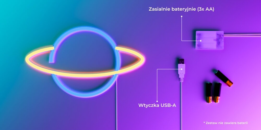 Neon LED FOREVER LIGHT Saturn RTV100228 zasilanie baterie kabel przewód USB-A bezprzewodwoe przewodowe