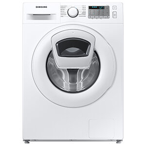 Biała pralka z okrągłym, przezroczystym oknem w drzwiach i panelem sterowania z pokrętłem oraz przyciskami. Widoczne logo \'SAMSUNG\' na górze urządzenia.