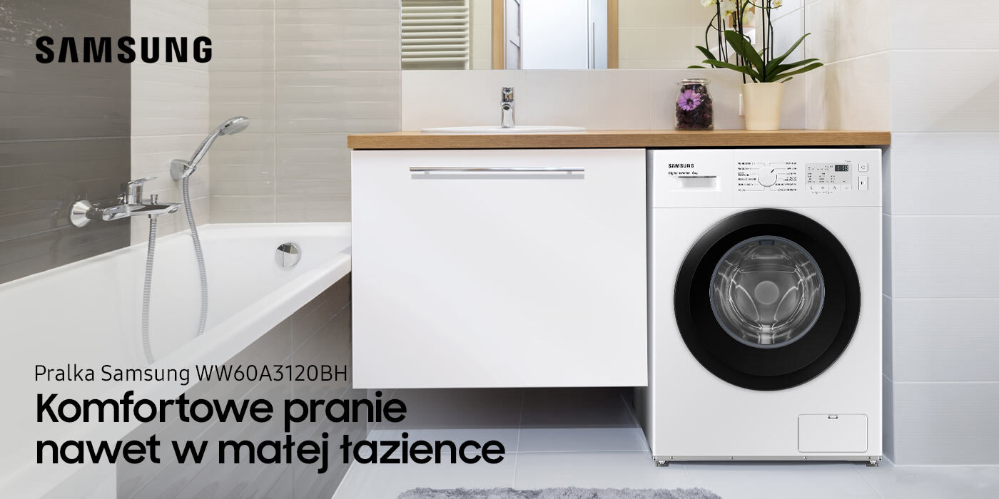 Obraz przedstawia łazienkę z wanną i pralką Samsung WW60A3120BH umieszczoną pod blatem z umywalką. Na obrazie widoczny jest tekst: \'Pralka Samsung WW60A3120BH Komfortowe pranie nawet w małej łazience\'.