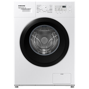 Biała pralka z czarnym okrągłym otworem na drzwiczki, panel sterowania z wyświetlaczem i pokrętłem. Widoczne logo \'Samsung\' oraz napisy na panelu sterowania.