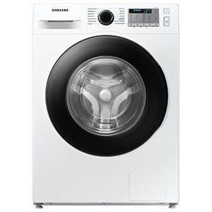 Biała pralka z czarnym panelem wokół drzwi, na górze widoczne pokrętło i wyświetlacz cyfrowy. Logo: SAMSUNG.