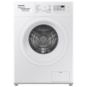 Pralka Samsung WW60A3120WH Biała pralka z widocznym okrągłym bębnem i panelem sterowania z przyciskami oraz pokrętłem. Na panelu widoczny jest napis \'SAMSUNG\' oraz \'Higieniczna Para\'.