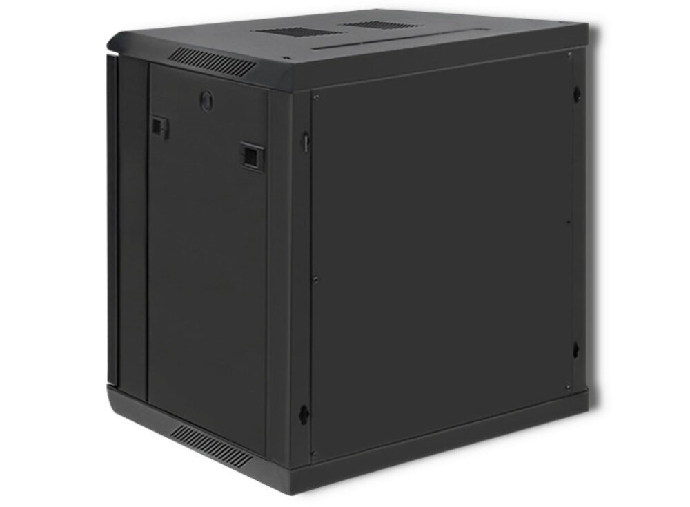 Szafa RACK QOLTEC 19 12U 54490 600 x 600 mm Dwa ujęcia tej samej szafy wiszącej w kolorze czarnym pokazujące przód z perforowanymi drzwiami i zamek oraz bok z gładkimi panelami, zastosowanie, pojemność