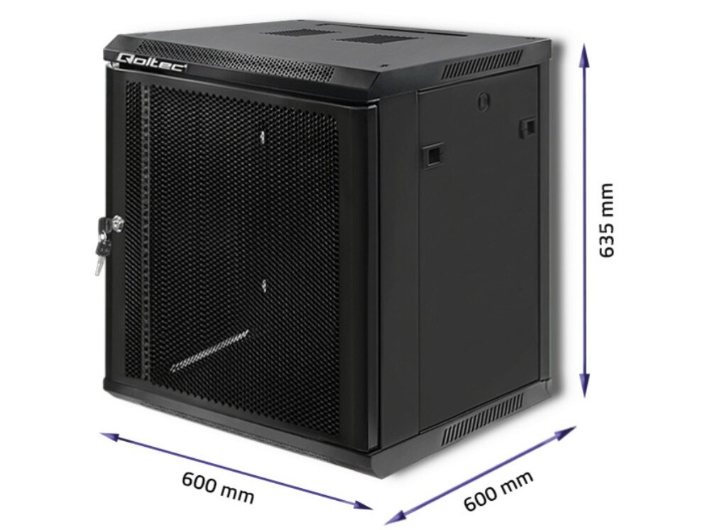 Szafa RACK QOLTEC 19 12U 54490 600 x 600 mm Czarna szafa wisząca z perforowanymi drzwiami pokazana pod kątem z zaznaczonymi wymiarami 600 mm szerokości, 635 mm wysokości i 450 mm głębokości, konstrukcja, wymiary