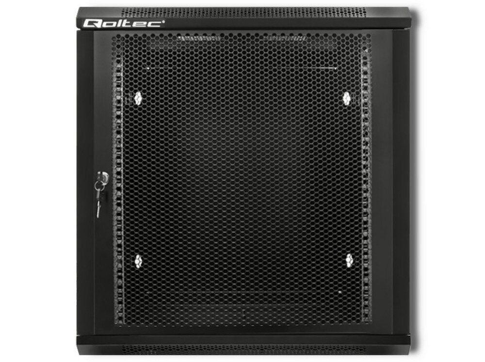Szafa RACK QOLTEC 19 12U 54490 600 x 600 mm Widok z przodu na czarną szafę wiszącą z perforowanymi drzwiami zamykanymi na klucz, zamek, montaż
