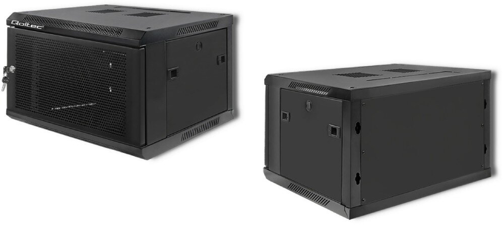 Szafa RACK QOLTEC 19 6U 54489 600 x 600 mm Szafa wisząca z perforowanymi drzwiami na klucz stoi na tle większych szaf serwerowych z fioletowym oświetleniem w serwerowni, opis